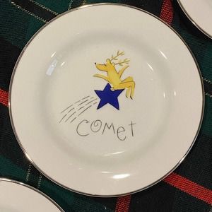 Pottery Barn‎ REINDEER COMET Salad Plates 8-1/2” White Porcelain MINT!